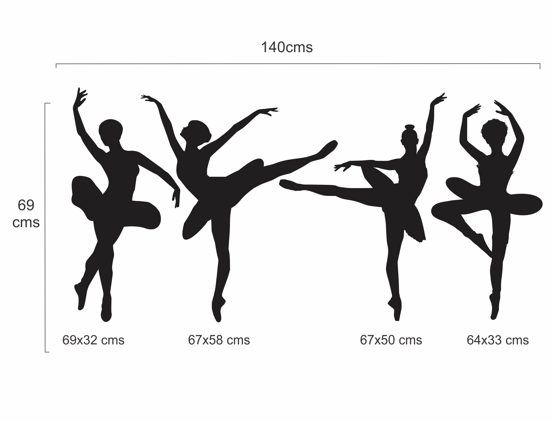 Set de 4 Figuras Decorativas para Pared Bailarinas Rosa