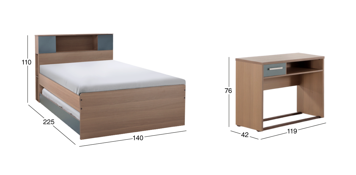 Cama Matrimonial con Escritorio y Cama Baja Individual Liloo Café