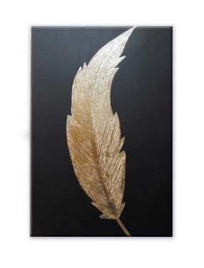 Cuadro decorativo de plumas doradas y plateadas/pintura acrílica